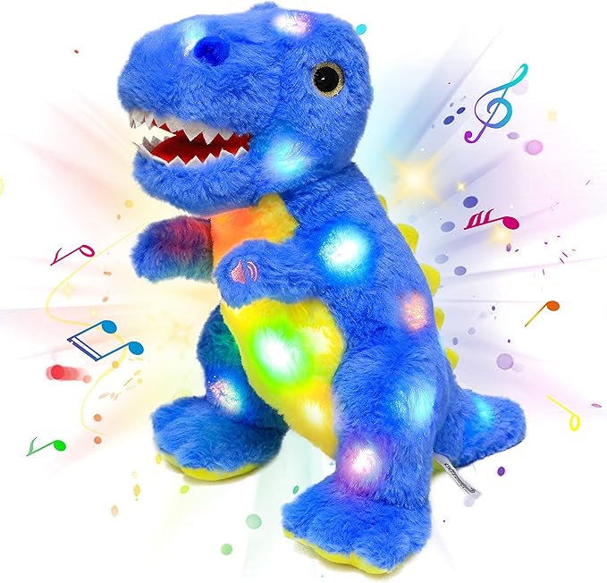 Cuteoy Blue Dinosaur LED Musical Stuffed Animal Light-up Singing Plush T-Rex Adjustable Volume Lullaby Plushies Birthday Christmas Toy Gifts for Kids Toddler Girls, 12"