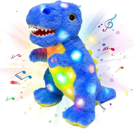 Cuteoy Blue Dinosaur LED Musical Stuffed Animal Light-up Singing Plush T-Rex Adjustable Volume Lullaby Plushies Birthday Christmas Toy Gifts for Kids Toddler Girls, 12"