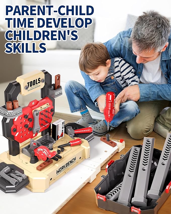 Deejoy Kids Toy Bench with Realistic Tools and Electric Drill, 79 Pcs Realistic Toy Tools with Clothes, Toddler Learning Bench Gift for Boys & Girls Age 3-5 (Yellow) 32x26.6x14.4 in