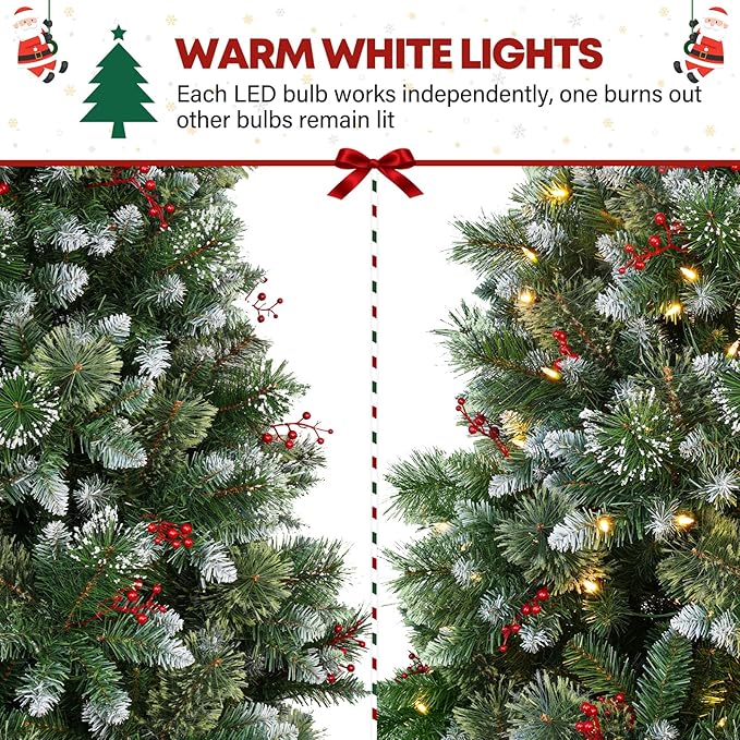 6 ft Lighted Frosted Christmas Tree, Artificial Pine Christmas Tree with Red Berries, 250 Warm White LED Lights, 956 Branch Tips, Foldable Metal Stand and Hinged Branches