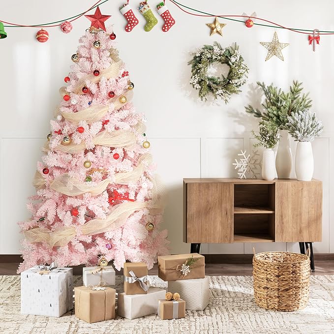6FT Pink Premium Artificial Holiday Christmas Tree, Snow-Flocked Pine Tree with 1000+ Branch Tips, Metal Stand and Hinged Branches for Indoor and Outdoor