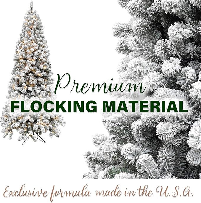 Fraser Hill Farm 6.5-Ft. Alaskan Pine Flocked Artificial Christmas Tree with Warm White LED Lights and Stand, Prelit Foldable Fake Tree with Realistic Snowy Foliage for Home Decoration