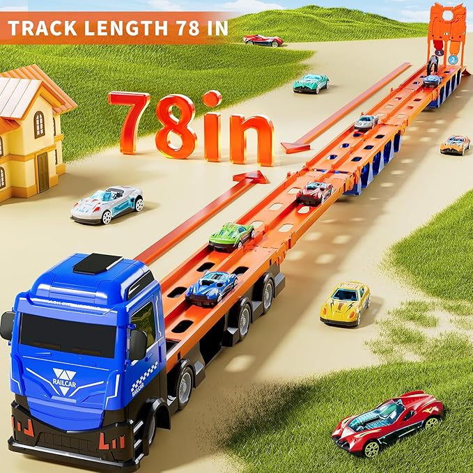 Carrier Truck Race Track Boys Toys, 78-Inch Toy Truck Transport Car Race Track & 12 Die-Cast Metal Toy Cars, Toddler Truck Car Toys Track Set Gifts for Age 3 4 5 6+ Years Old Kids Boys Girls