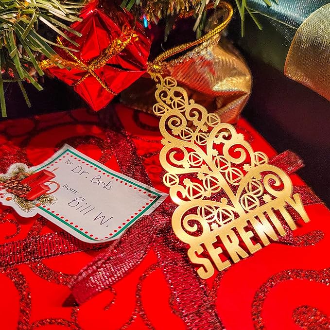 AA Serenity Tree Sobriety Christmas Ornament | Alcoholics Anonymous Sober Recovery Gift | Stamped Brass