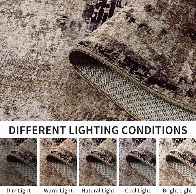 Ompaa Living Room Rug 8x10 Brown Area Rugs Machine Washable Abstract Coffee Boho Large Carpet Non-Slip Non-Shedding Faux Wool Indoor Vintage Rug for Bedroom, Classroom, Dining Room, Kids Playroom