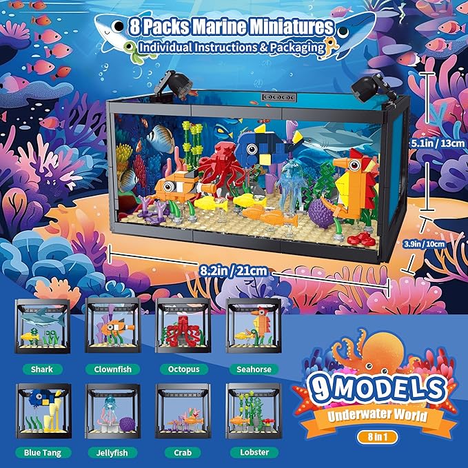 8 in 1 Fish Tank Building Sets, Marine Aquarium Building Block with LED Light Party Favors 9 Model Toy Including Shark Octopus Crab, Christmas Birthday Gifts for Boys Girls Kids Ages 6 8 10 12+