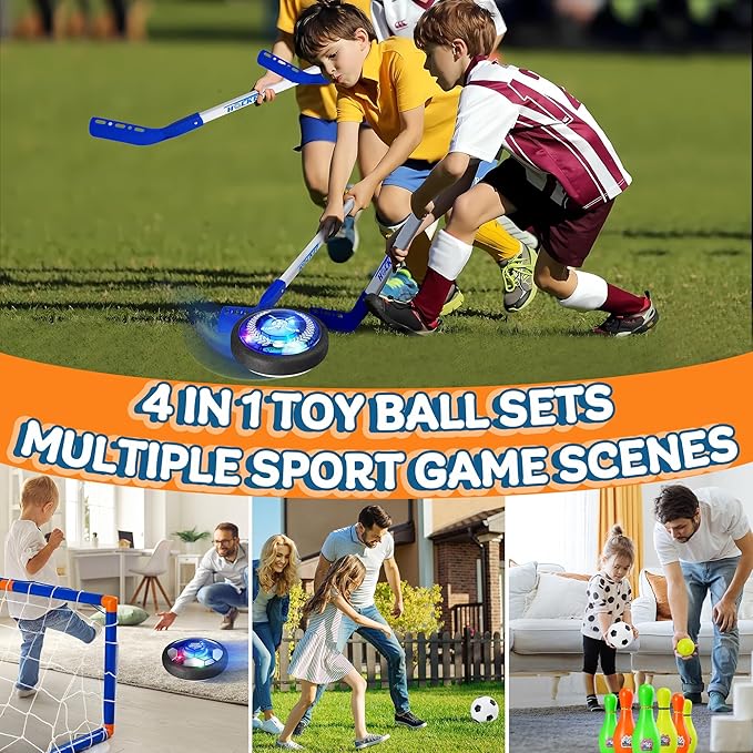 4-in-1 Hover Soccer Ball Set, Rechargable Air Floating Soccer Toy with LED Lights, Indoor & Outdoor Kids Sports Toys, Christmas Birthday Gifts for Boys Girls Aged 3 4 5 6 7 8-12