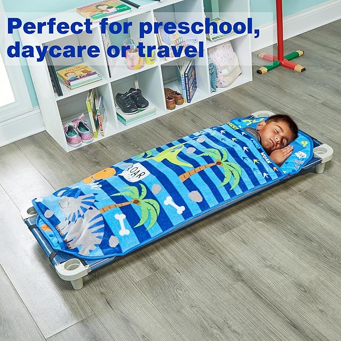 EVERYDAY KIDS Cute Preschooler and Toddler Cot Nap Mat for Home, Daycare, Preschool and Kindergarten; Easy to Roll Sleeping Mat with Elastic Straps, Pillow and Blanket