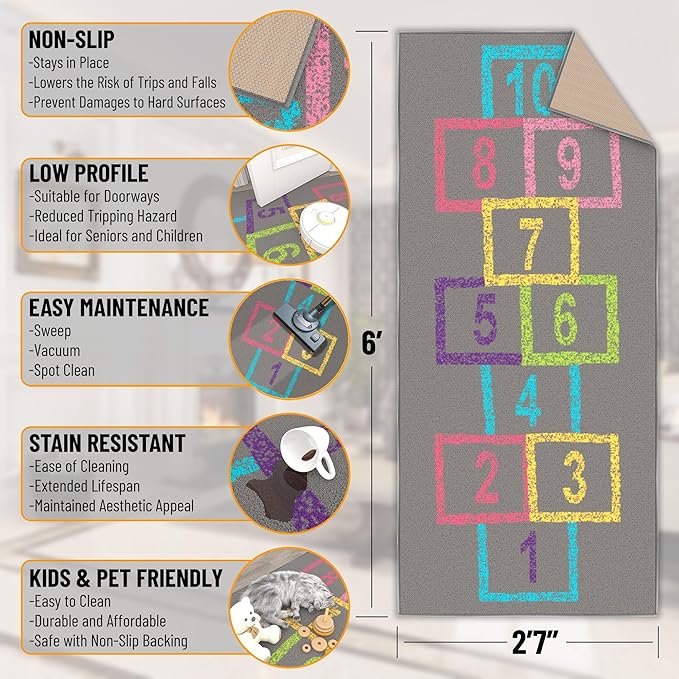 Ottomanson 2'7" x 6' Hopscotch Kids Rug - Play Mat for Playroom, Bedroom, Daycare & Classroom - Fun & Interactive Game Carpet - Durable and Non-Slip - Perfect for Learning & High-Traffic Areas, Gray