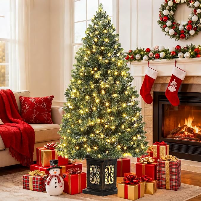 4.5 ft Artificial Fiber Optic Christmas Tree, Pre-Lit Artificial Potted Xmas Tree with 300 Led Lights, 8 Lighting Modes, Includes Antique Urn Base, 1 PCS