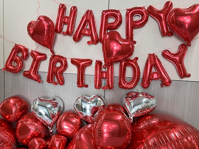 Red Birthday Decorations with 16pcs Large 4D Foil Balloons in Different Size (10-50 Inch) + 6pcs 18" Heart Balloons + 16” Happy Birthday Banner for Indoor Outdoor Party Decorations (Red)