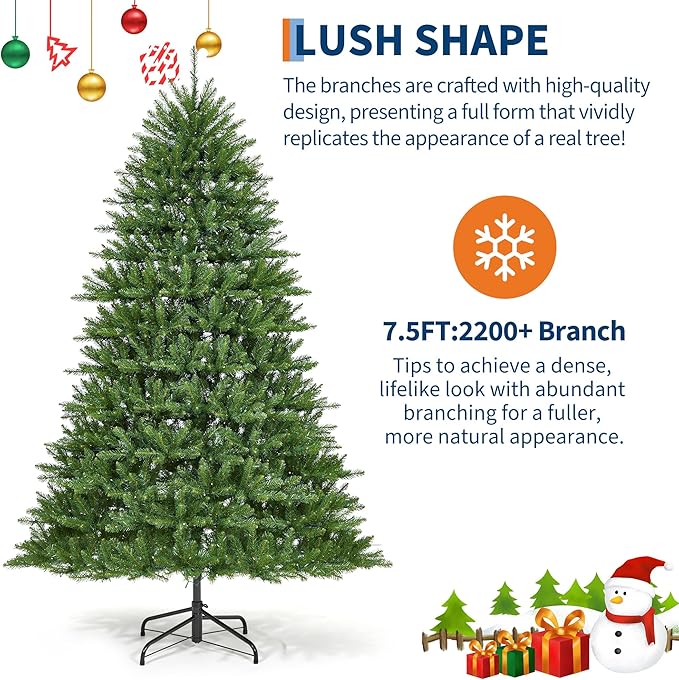 Christmas Artificial Tree 7.5 FT, PVC Mixed Automatic Tree with Dual Color LED Lights, Easy Setup, Durable, Modern Design, Indoor & Outdoor Holiday Decoration