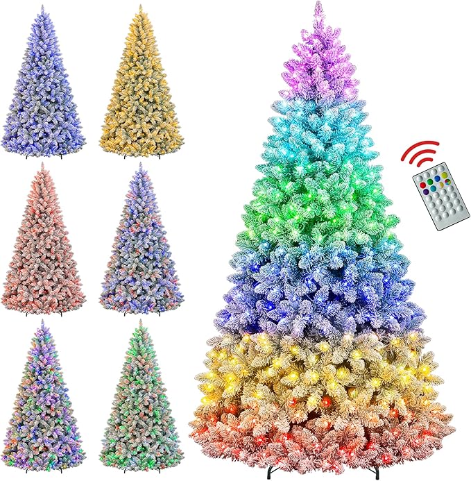 Hykolity 7.5 ft Prelit Snow Flocked Christmas Tree with Remote Control, 1446 PVC Branch Tips Artificial Hinged Christmas Tree with 450 Multi-Color RGB Lights for Home, 15 Modes