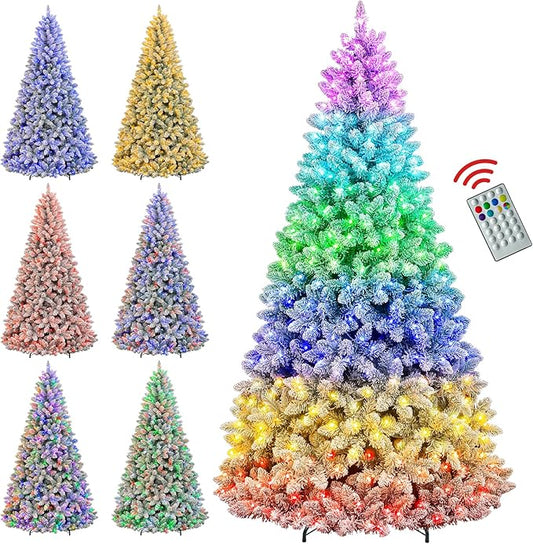 Hykolity 7.5 ft Prelit Snow Flocked Christmas Tree with Remote Control, 1446 PVC Branch Tips Artificial Hinged Christmas Tree with 450 Multi-Color RGB Lights for Home, 15 Modes