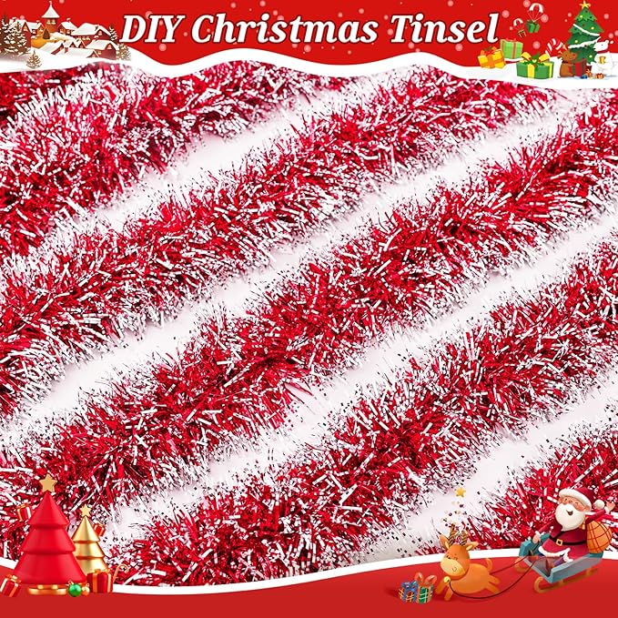 50Ft Christmas Red Tinsel Garland Xmas Tree Decorations Metallic Glitter Twist Garland for Christmas Decorations Anniversary Birthday Wedding Holiday Supplies Indoor Outdoor Supplies