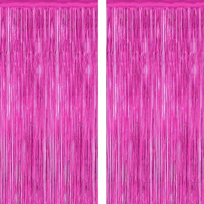2 Pack Hot Pink Party Decorations, 3.28 FT x 7.05 FT Hot Pink Backdrop, Metallic Rose Red Photo Backdrop Foil Curtains Tinsel Backdrop, Metallic Pink Party Decor Wedding Party Supplies