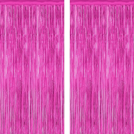 2 Pack Hot Pink Party Decorations, 3.28 FT x 7.05 FT Hot Pink Backdrop, Metallic Rose Red Photo Backdrop Foil Curtains Tinsel Backdrop, Metallic Pink Party Decor Wedding Party Supplies
