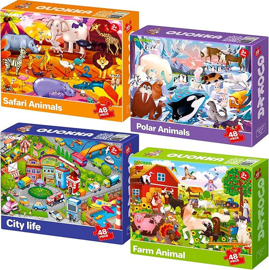 QUOKKA Puzzles for Toddlers 4-6 – 4 x 48 Pieces Jigsaw Puzzles for Kids Ages 3-5 – Learning Farm Animals for 2-4 – Jigsaw Game for Boy and Girl 3-5-7 Year Old