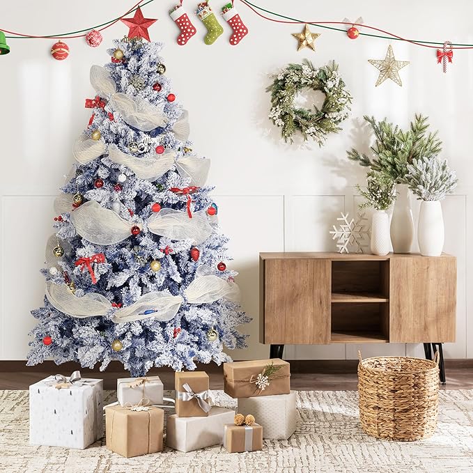 6FT Blue Premium Artificial Holiday Christmas Tree, Snow-Flocked Pine Tree with 1000+ Branch Tips, Metal Stand and Hinged Branches for Indoor and Outdoor