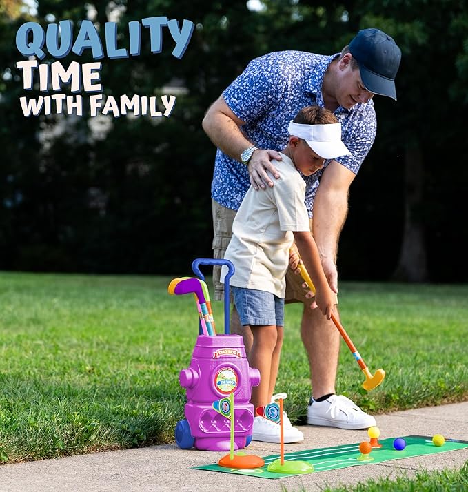 ToyVelt Toddler Golf Set - Kids Clubs with 6 Balls, 4 Sticks, 2 Practice Holes & a Putting Mat Promotes Physical Mental Development, Ideal Gift for Boys 2-10, Purple