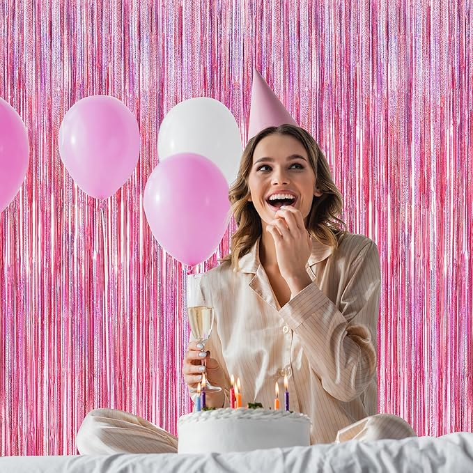 8 Pack Pink Backdrop, 3.28 FT x 7.05 FT Fringe Curtains, Metallic Glitter Pink Fringe Party Streamer Foil Curtains Tinsel Backdrop, Pink Decorations Bachelorette Party Supplies Birthday Decor