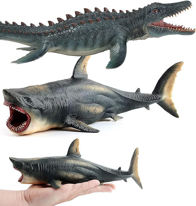 Gemini&Genius Mosasaurus and Megalodon Water Dinosaur Great White Shark Toys Set, Dinosaur with Sea Monster Set for Birthday Cake Toppers, Action Figure Toy Collections, Play or Display Toys for Kids