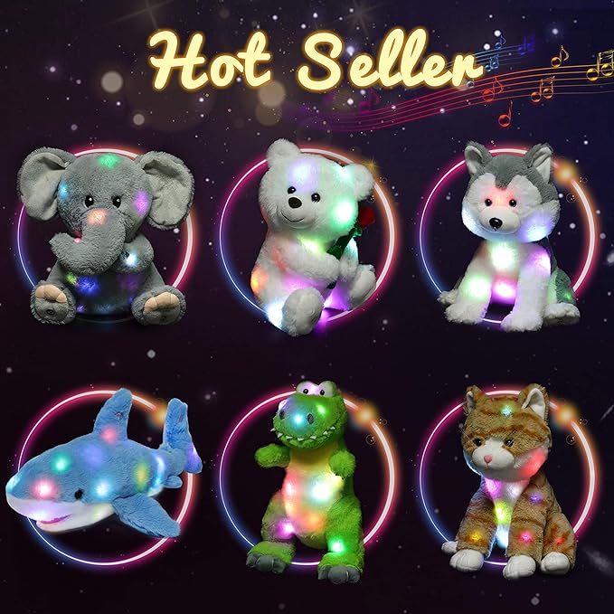 Hopearl LED Musical Stuffed Cow Lighting Up Singing Plush Toy Adjustable Volume Lullaby Animated Soothe Birthday Festival for Kids Toddler Girls, 13''