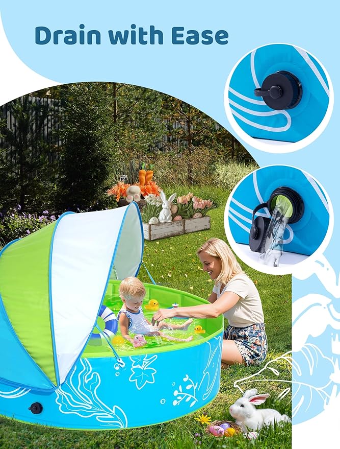 Foldable Kiddie Pool with Canopy: 47in Baby Pool and Beach Tent for Toddlers Infants 6-12 Months and Kids 2-4 Years Old - Portable Water Play with Shade for Outdoor Backyard Beach (Blue-Green)