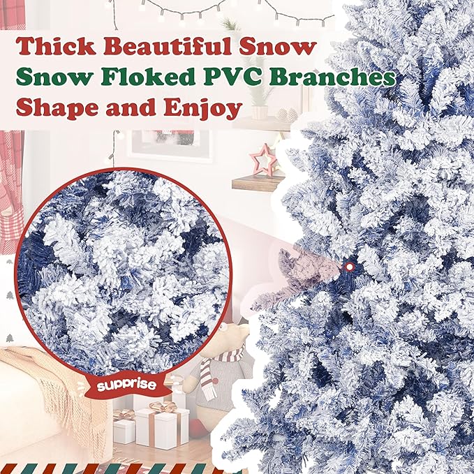 6FT Blue Premium Artificial Holiday Christmas Tree, Snow-Flocked Pine Tree with 1000+ Branch Tips, Metal Stand and Hinged Branches for Indoor and Outdoor