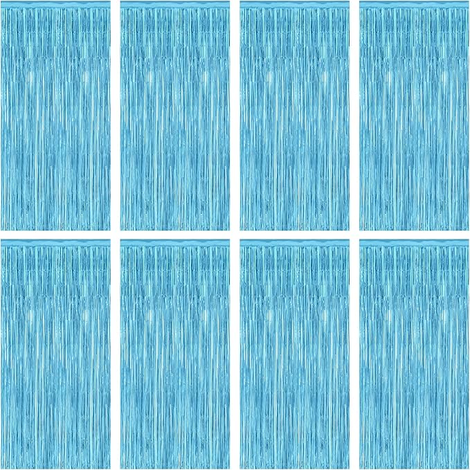 8 Pack Party Decorations, 3.28 FT x 7.05 FT Party Streamer, Metallic Sky Blue Tinsel Backdrop Fringe Curtains Party Decorations, Light Blue Birthday Backdrop Photo Booth Props