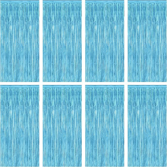 8 Pack Party Decorations, 3.28 FT x 7.05 FT Party Streamer, Metallic Sky Blue Tinsel Backdrop Fringe Curtains Party Decorations, Light Blue Birthday Backdrop Photo Booth Props