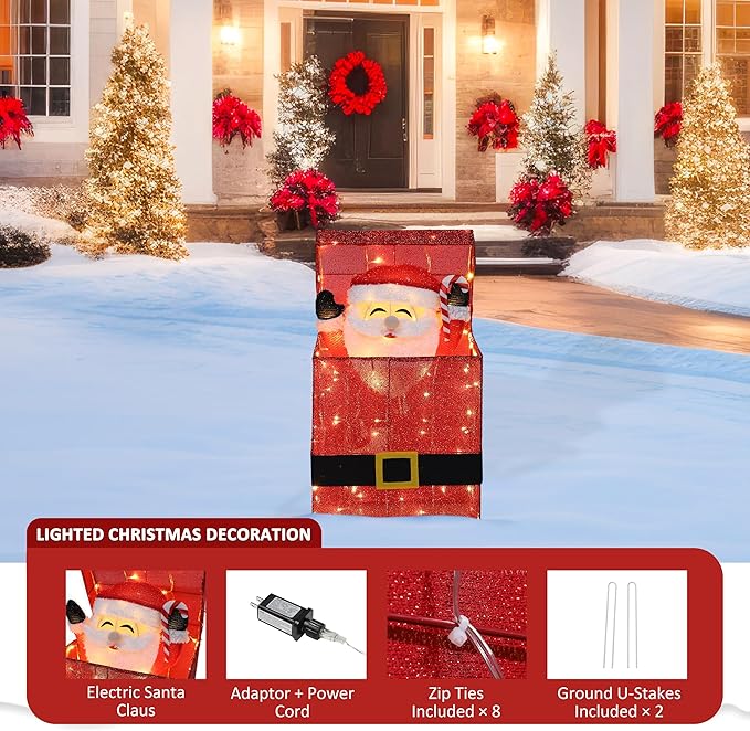 Light Up Electric Santa Claus Decor with 100 LED Lights, 3D Pre-Lit Animated Santa Claus for Xmas Decoration, 14" L x 10" W x 27" H Freestanding Glittered Display for Outdoor, Indoor