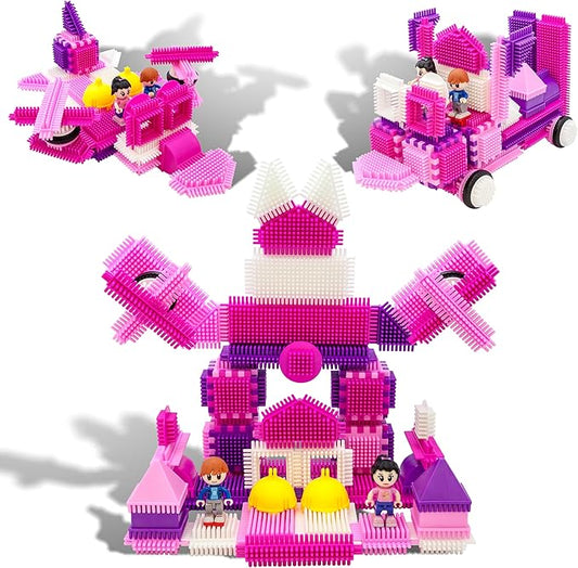 PicassoTiles PTB106 106pcs Hedgehog Lock Building Blocks Tiles Pink Castle Theme Set w/Human Figures Learning Playset STEM Toy Set Educational Kit Child Brain Development Preschool Kindergarten Toy