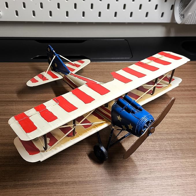 Vintage American Airplane Model Decor Nostalgic Aviation Military Handmade Metal Diecast Biplanes WW1 Style Decoration for MancaveTabletop Office Shelf Bar Collectible Aircraft Gift
