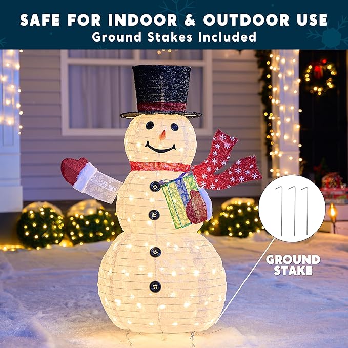 Joiedomi Snowman Christmas Decoration Outdoor, 120 LED Lighted Christmas Holiday Decorations, Collapsible Snowman Yard Lights Backyard Garden Lawn Xmas Decor, Snowman with Gift