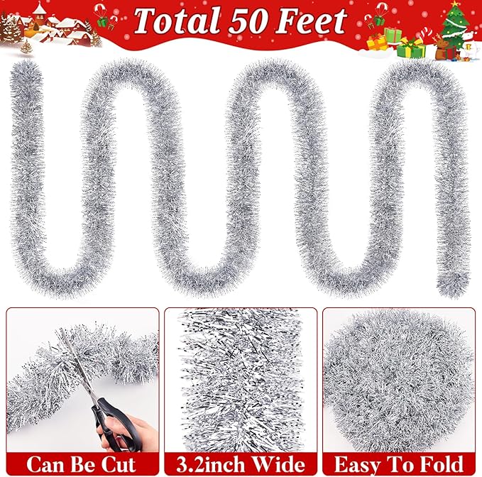50Ft Christmas Tinsel Garland Silver Xmas Tree Decorations Metallic Glitter Twist Garland for Christmas Tree Decorations New Year Party Birthday Holiday Supplies Indoor Outdoor Supplies