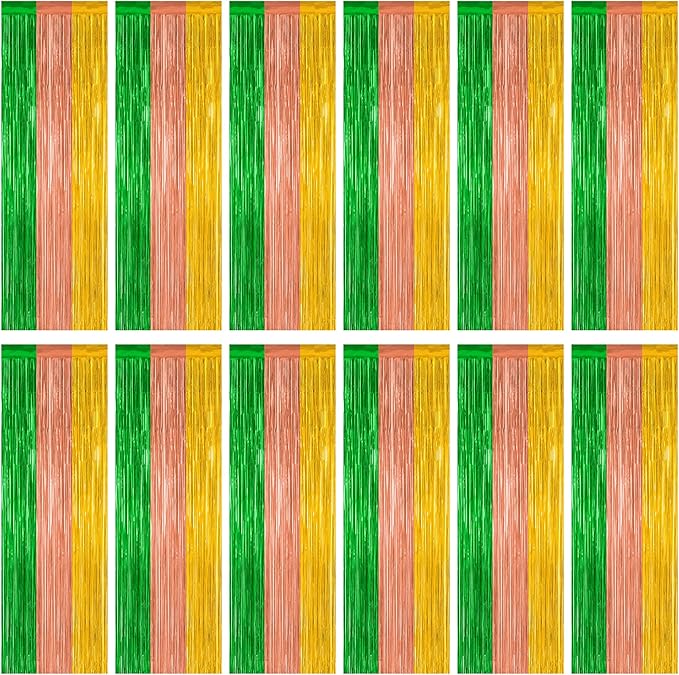 12 Pack Hawaiian Party Decorations, 3.28 FT x 7.05 FT Luau Party Decorations, Green Brown Yellow Luau Backdrop Fringe Curtains Foil Streamer, Metallic Summer Decor Luau Party Supplies