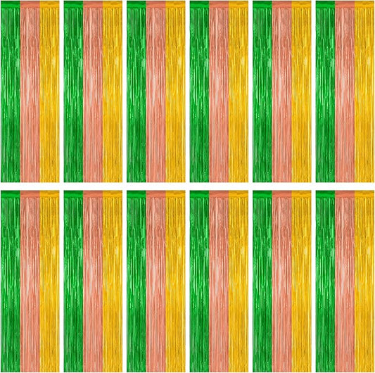 12 Pack Hawaiian Party Decorations, 3.28 FT x 7.05 FT Luau Party Decorations, Green Brown Yellow Luau Backdrop Fringe Curtains Foil Streamer, Metallic Summer Decor Luau Party Supplies