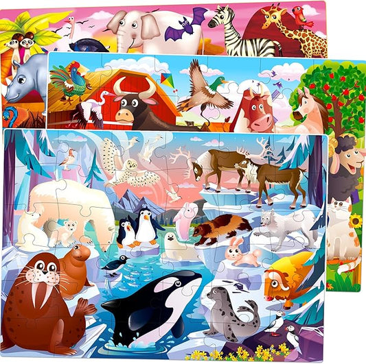 QUOKKA Puzzles for Toddlers 3-5 – 3 x 36 Pieces Floor Puzzles for Kids Ages 2-4 – 12 Toy Learning Farm Animals for 4-6 – Jigsaw Game for Boy and Girl 3-5-7 Year Old