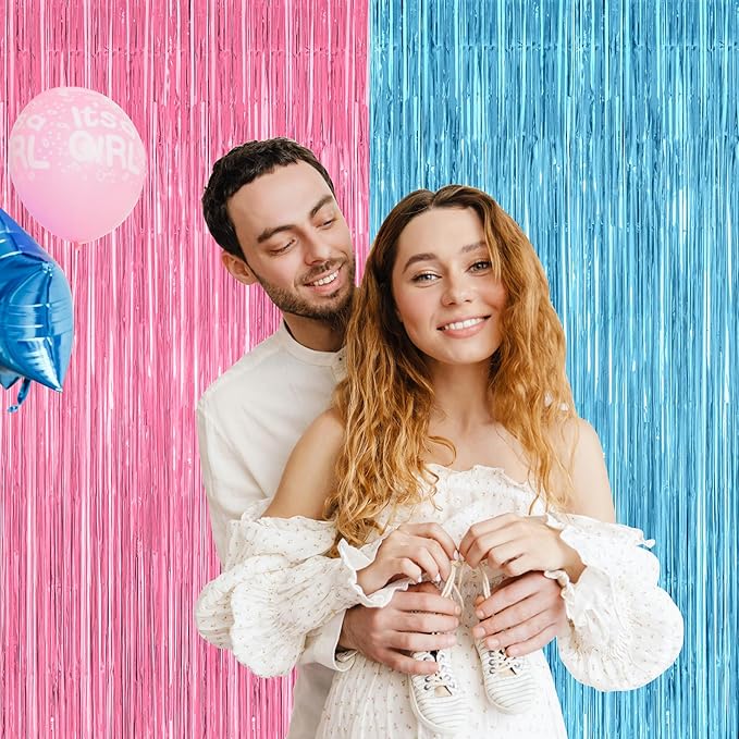 2 Pack Gender Reveal Decorations, 3.28 FT x 7.05 FT Pink and Blue Fringe Backdrop, Metallic Boy or Girl Foil Fringe Curtains Tinsel Backdrop Party Streamers, Birthday Party Decor Photo Booth Props