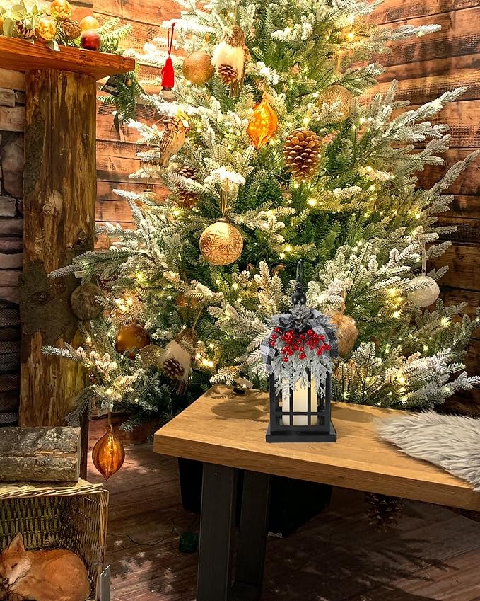 iStatue Metal Black Christmas Lantern with Flameless Candle, 14'' Modern Farmhouse Decor Festive Holiday Rustic Home Gifts for Indoor/Outdoor (Xmas)