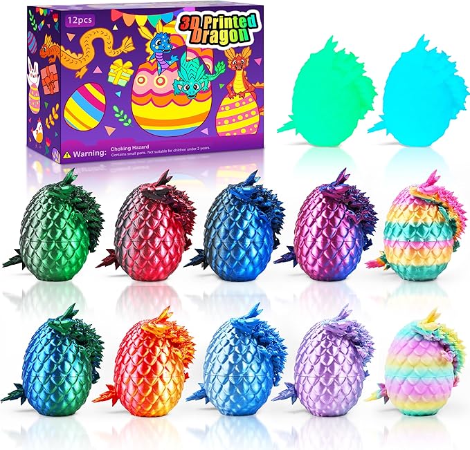 12PCS 3D Printed Dragon Eggs with Dragon Inside, Cool Stuff Christmas Fun Gifts, Mini Dragon Egg Set Articulated Crystal Fidget Toy for Adults Teens Boy Gifts Easter Basket Stuffers