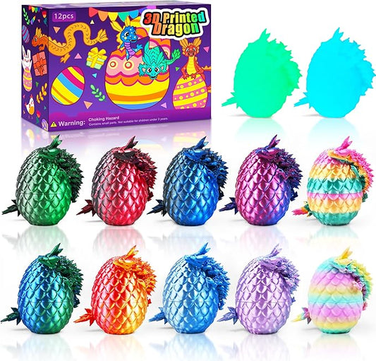 12PCS 3D Printed Dragon Eggs with Dragon Inside, Cool Stuff Christmas Fun Gifts, Mini Dragon Egg Set Articulated Crystal Fidget Toy for Adults Teens Boy Gifts Easter Basket Stuffers