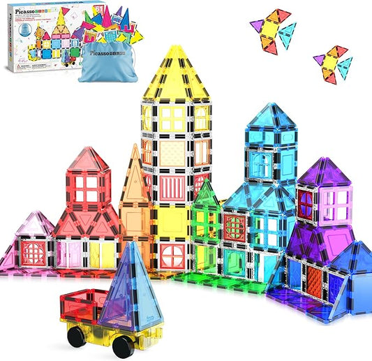 PicassoTiles Magnetic Tiles 61pc Magnet Tile Building Blocks Construction Sensory Toy Set with Storage Carry Case Drawstring Bag STEM Kids Learning Educational Pretend Play Boy Girl Ages 3+ & Up PT05