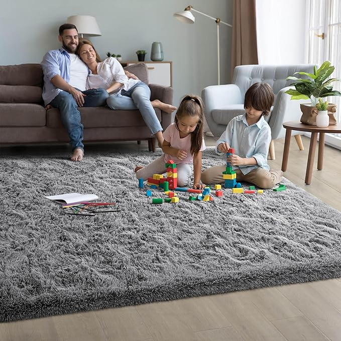 5x8 Grey Fluffy Soft Living Room Bedroom Rug, Large Area Rugs Shaggy Carpet for Living Room Classroom Kids Babys Playroom Toddler Nursery Dorm Home Decor, Modern Indoor Non Slip Rug