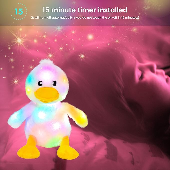 Hopearl LED Plush Duck Lighting Up Stuffed Duckling Farm Animal Floppy Night Lights Glow in The Dark Birthday Gifts for Kids Toddler Girls, White, 12''