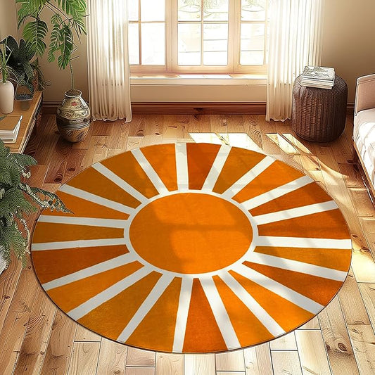 Washable 6Ft Round Sun Area Rug for Living Room, Brown Sun Modern Abstract Boho Circle Rugs, Ultra Thin Low Pile Lightweight Indoor Carpet Mat with Non-Slip Backing for Bedroom Kids Nursery Play Room