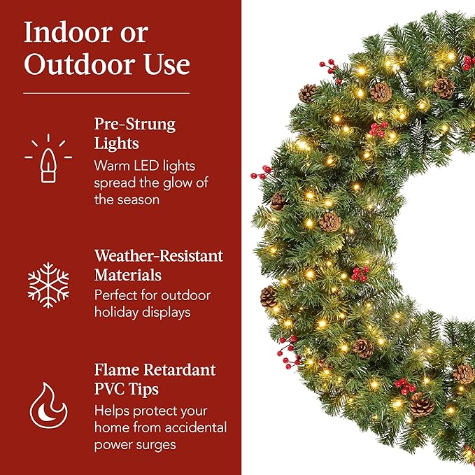 Best Choice Products 36in Pre-Lit Christmas Wreath w/Berries & Pinecones, Large Artificial Indoor/Outdoor Decor for Door, Mantel w/Red Bow, Plug-in