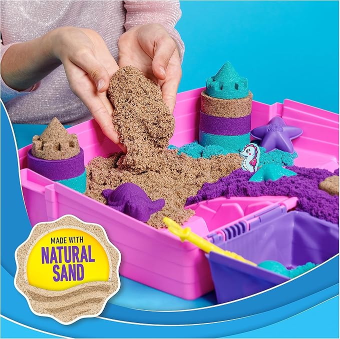 Kinetic Sand, Mermaid Palace Playset with 2.06lbs Play Sand (Neon Purple, Shimmer Teal & Beach), Tools & Folding Sandbox, Sensory Toys for Kids