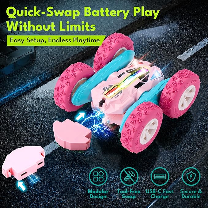 Threeking Remote Control Car RC Cars Toys for Girls Boys Ages 6-12, Upgraded USB-C Modular Batteries, 4WD Stunt Car with Breathing Soft Lights, Double-Sided Driving & 360° Flips, Presents Gifts, Pink